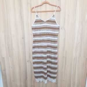 Casacabana Womens Crochet Midi Dress XL Brown White Striped Boho Coastal Beachy